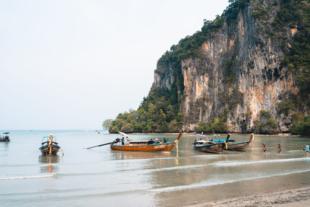 Travel, sea and rocky mountains in Thailand,sea and boatの写真素材