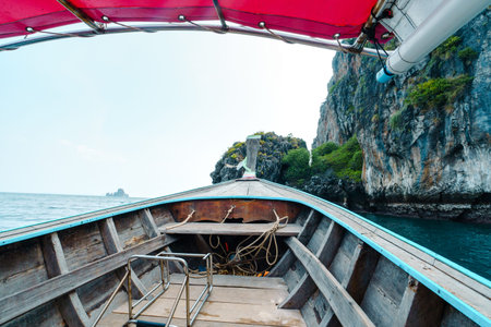 Travel on a long-tail boat in the sea in Krabiの写真素材