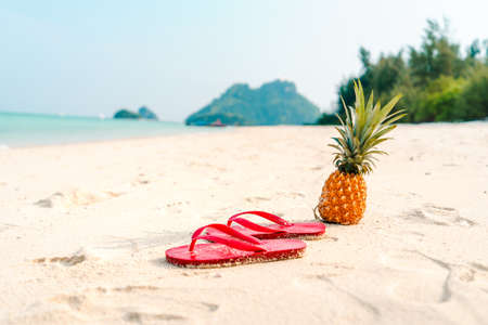 pineapples and red flip flops on the beach.の写真素材