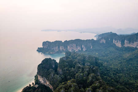Railay Bay,sea bay and rocky mountains in the eveningの写真素材
