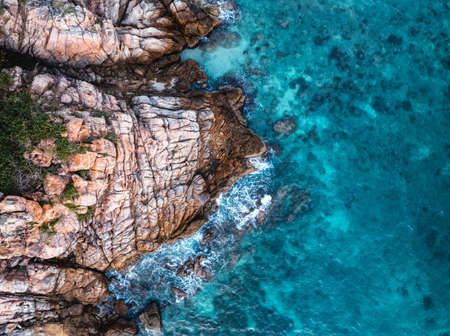 bird's eye view,sea and rocks on islandの写真素材