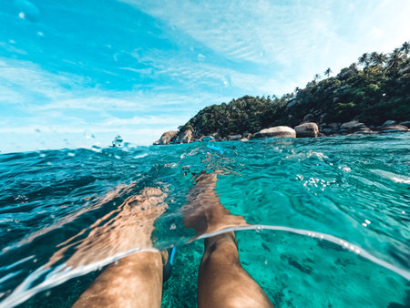 Snorkeling in the sea on a tropical island,clear divingの写真素材