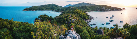Coconut trees on the island and the sea on a summer morning from above,Summer islandの写真素材