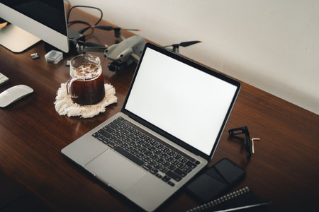 Mockup image for using laptop at home. Home office set-up.の写真素材