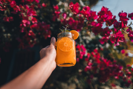 Cold orange juice in a glass and flower backgroundの写真素材