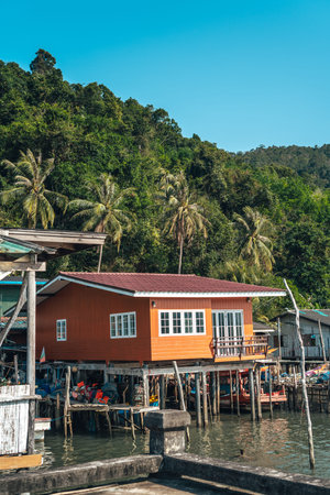 Fisherman's village and fishing boatsの写真素材