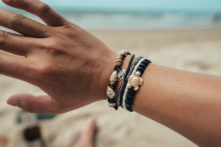 Souvenirs on the island, sea bracelets on the wrist at the beachの写真素材