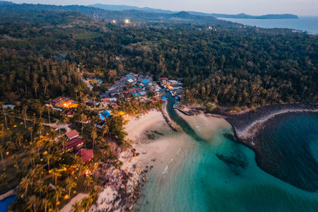 Small fishing village on the island at dusk from above,kohkood