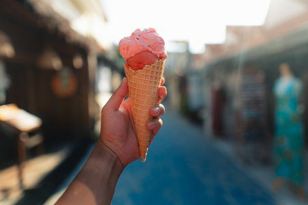 Person holding colourful gelato ice cream on the streetsの写真素材