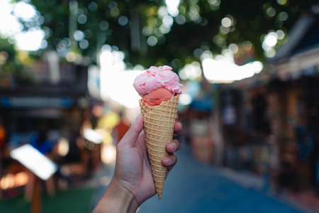 Person holding colourful gelato ice cream on the streets