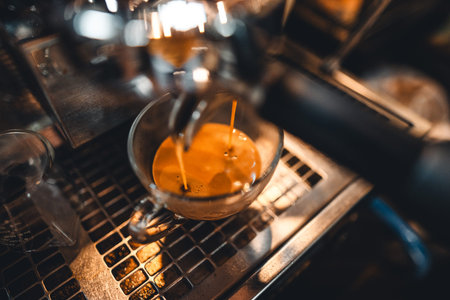 Coffee from the maker flows into the cup,making coffee