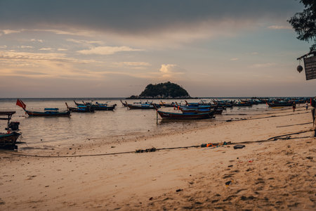 Long tail boat, wooden boat at the beach on the islandの写真素材