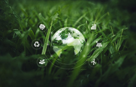 Globe on the green grass in the forest, environmental concept and icon Environmental, renewable,...