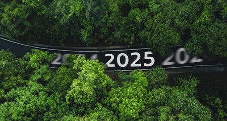 and green transportation in the new year,2025 Aerial top view road in forest