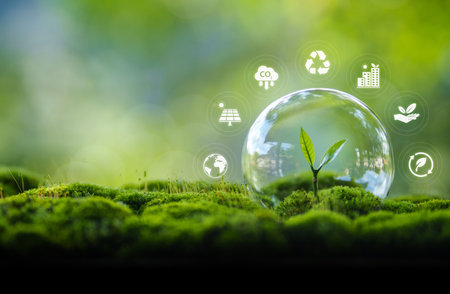Environmental protection concept, bubbles protect small trees and their growth, and earth saving icons floating around the bubbles.の写真素材