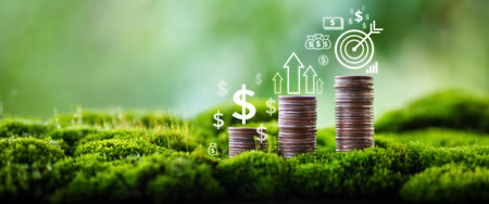 stacked coins are growing in nature and environmental conservation,Financial growth and environmentの写真素材