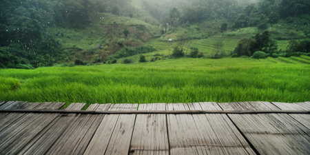 Rice field view from balcony, nature background,View of rice fields from the balconyの写真素材