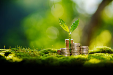 A stack of silver coins and a tree grows in the center,Financial growth, savings and the environment
