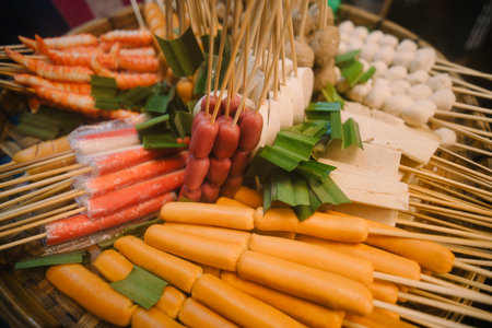 Thai food on skewers, fried food on the side of the road at a festivalの写真素材