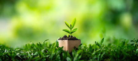 Earth Day concept of young trees in cardboard boxes,Potted green leaves and small seedlings show new plant growth in the garden,Planting, preserving nature and Earth Dayの写真素材
