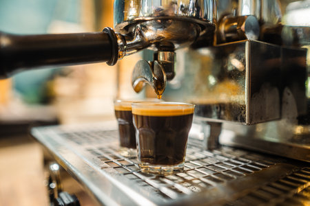 A barista crafts a hot beverage by pouring  espresso from a steel machine,hot coffeeの写真素材