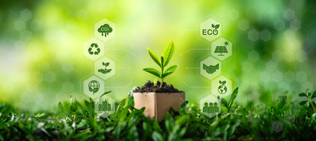 Environment and Ecology Concept. Tree in box placed on grass in nature and environmental icons.の写真素材