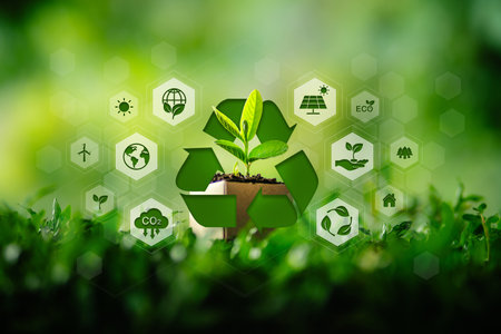 Recycle concept, Recycle symbol around tree growing in paper box nature background, Save the world and world day, Save nature icon.の写真素材
