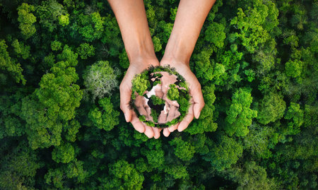 Forest and green world on human hand and high angle view of green forest for environmentの写真素材