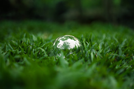 Glass ball reflecting trees in the forest on dark green grass. Environment and nature conservation background.の写真素材