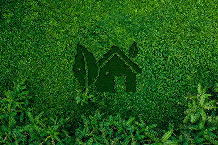 Environmental concept home icon on grass in forest, aerial view nature conservationの写真素材