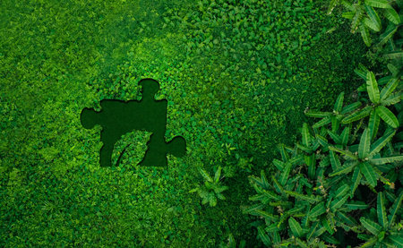 Environmental concept jigsaw puzzle icon on grass in forest, aerial view nature conservationの写真素材