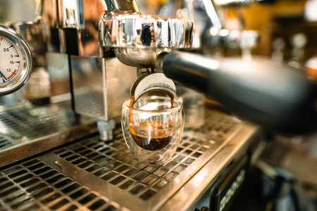 Coffee flows from a coffee maker into an espresso cup in a coffee shop. Barista.の写真素材