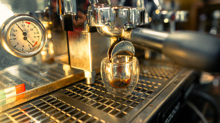 A shot of coffee flows into a glass from a coffee machine in a coffee shop.の写真素材