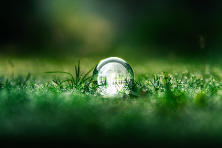 Globe on grass in the morning. Earth and environment concept. Background for sustainable environment.の写真素材