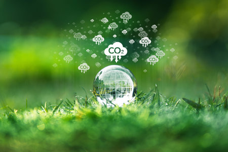 co2 emission concept, environment and carbon reduction for sustainable environment,Glass globe on...