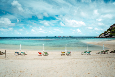 Beach and beach chairs for relaxing on Nang Yuan Island,Relax and travel in summerの写真素材