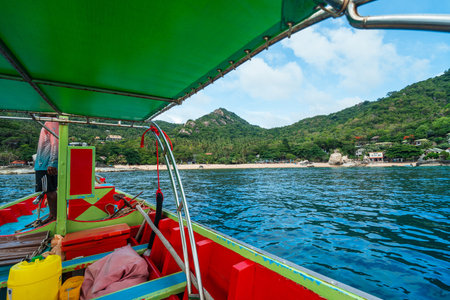 Wooden boat trip to the sea at Koh Tao, snorkeling at the island, summer activitiesの写真素材