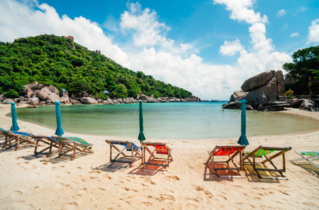 Beach and beach chairs for relaxing on Nang Yuan Island,Relax and travel in summerの写真素材