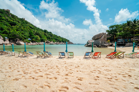 Beach and beach chairs for relaxing on Nang Yuan Island,Relax and travel in summerの写真素材
