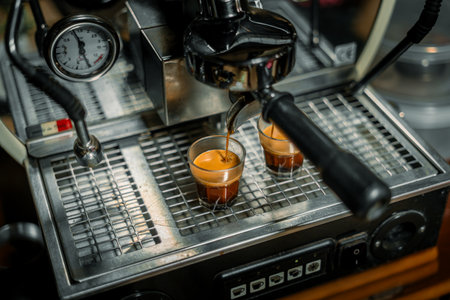 professional espresso machine in action, simultaneously brewing two shots of rich, dark espresso into small clear glasses. The golden-brown crema is visible on top of each shotの写真素材