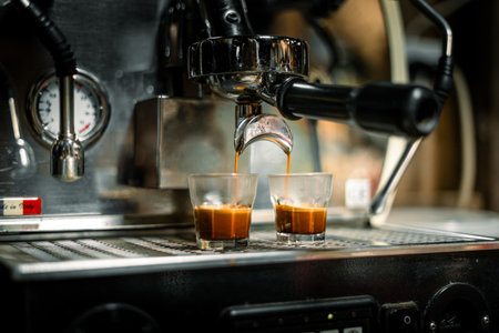 professional espresso machine in action, simultaneously brewing two shots of rich, dark espresso into small clear glasses. The golden-brown crema is visible on top of each shotの写真素材