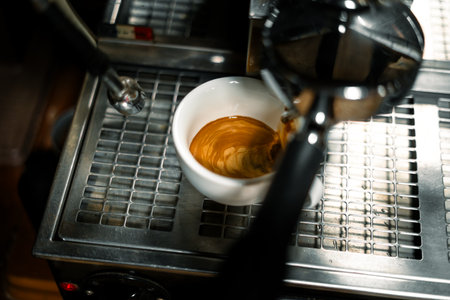 A close-up shot of freshly brewed espresso with beautiful golden crema in a white coffee cup, resting on the drip tray of an espresso machine. The image perfectly captures the moment of coffee preparation.の写真素材