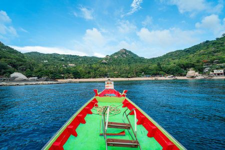 Wooden boat trip to the sea at Koh Tao, snorkeling at the island, summer activitiesの写真素材