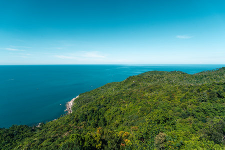 An exquisite aerial view of Bottle Beach, embraced by lush green forests, with vibrant turquoise waters contrasting against the azure sky on a summer day in Koh Phangan, Thailand.の写真素材