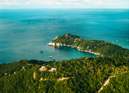 aerial perspective captures the dramatic meeting point of a lush, verdant tropical island and the vast, deep blue ocean.の写真素材