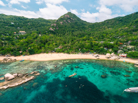 Aerial View of Vibrant Tropical Beach with Clear Turquoise Water, Swimmers, and Lush Green Island Landscapeの写真素材