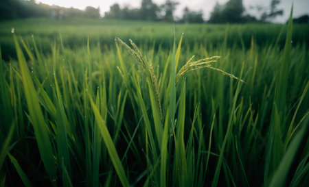 Rice leaves and rice stalks in the fields, nature, agriculture and tourismの写真素材