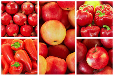 collection of red fruit and vagetable backgrounds, pomegranate, red apples, peppers, paprikaの写真素材