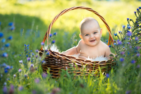 small naked smiling child sitting in a basket on the grass