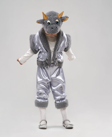 funny girl in cow costume looks down